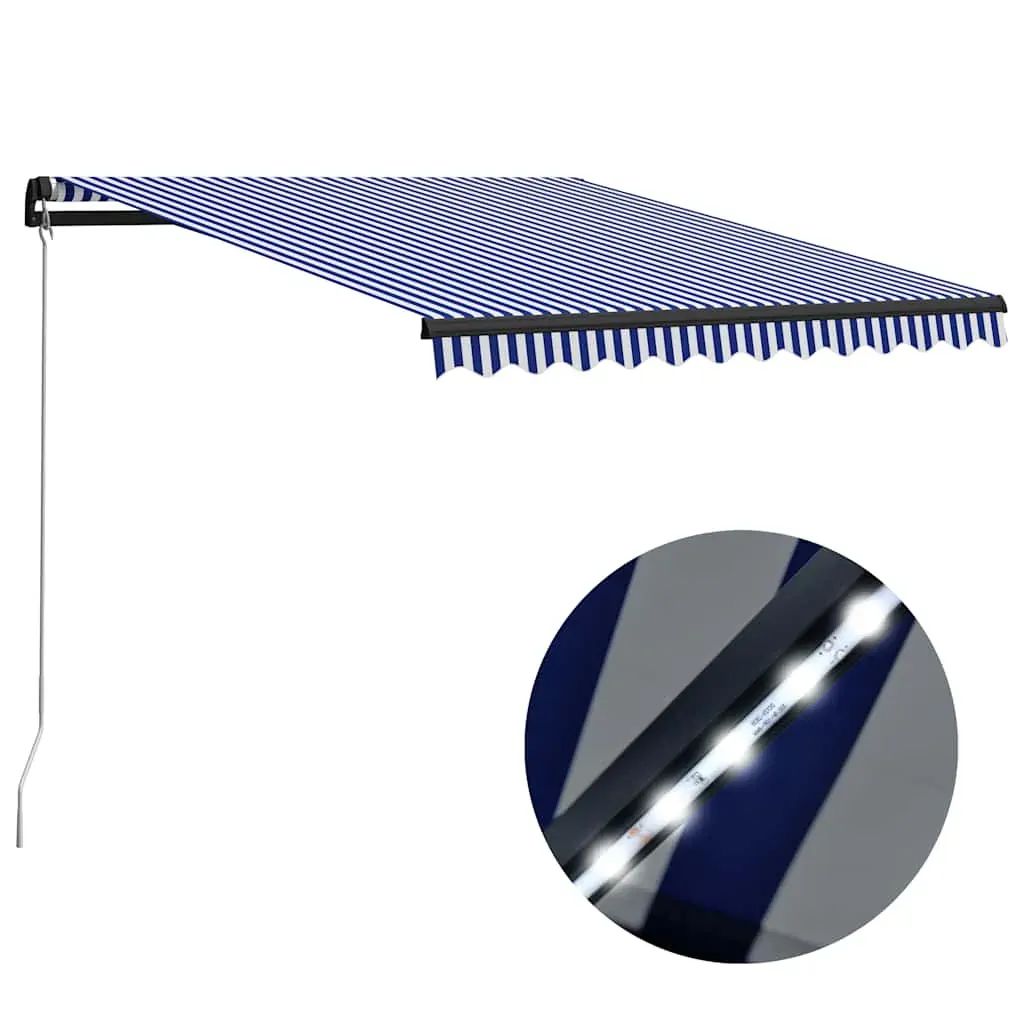 Manual Retractable Awning with LED 350x250 cm Blue and White Manual Retractable Awning with LED 350x250 cm Blue and White