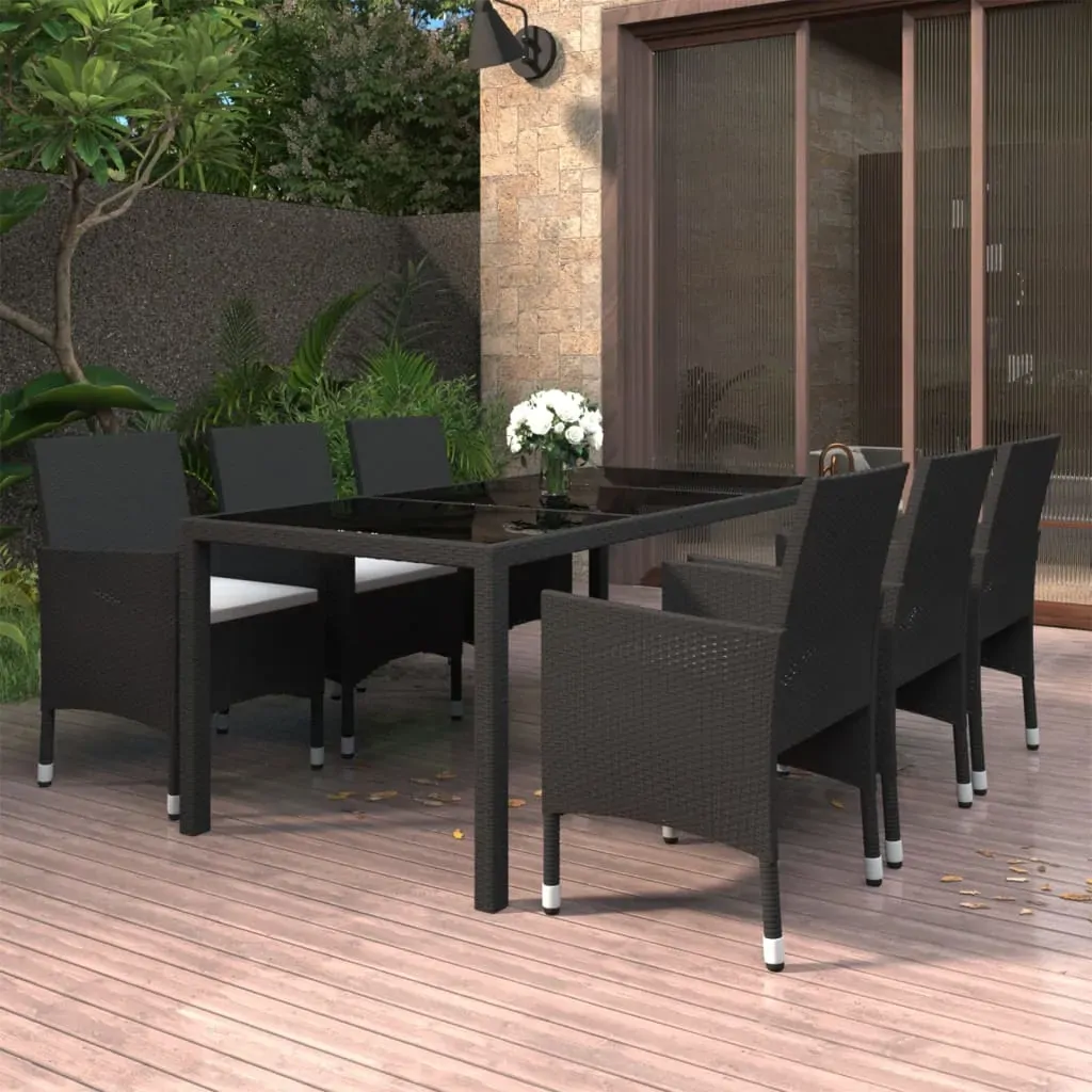 7 Piece Garden Dining Set Poly Rattan and Tempered Glass Black 7 Piece Garden Dining Set Poly Rattan and Tempered Glass Black