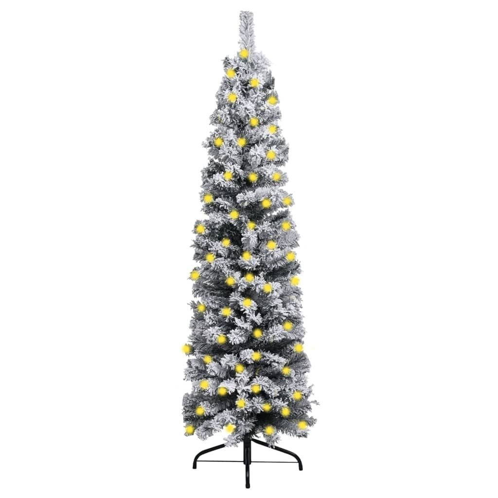 Slim Pre-lit Christmas Tree with Flocked Snow Green 210 cm PVC Slim Pre-lit Christmas Tree with Flocked Snow Green 210 cm PVC