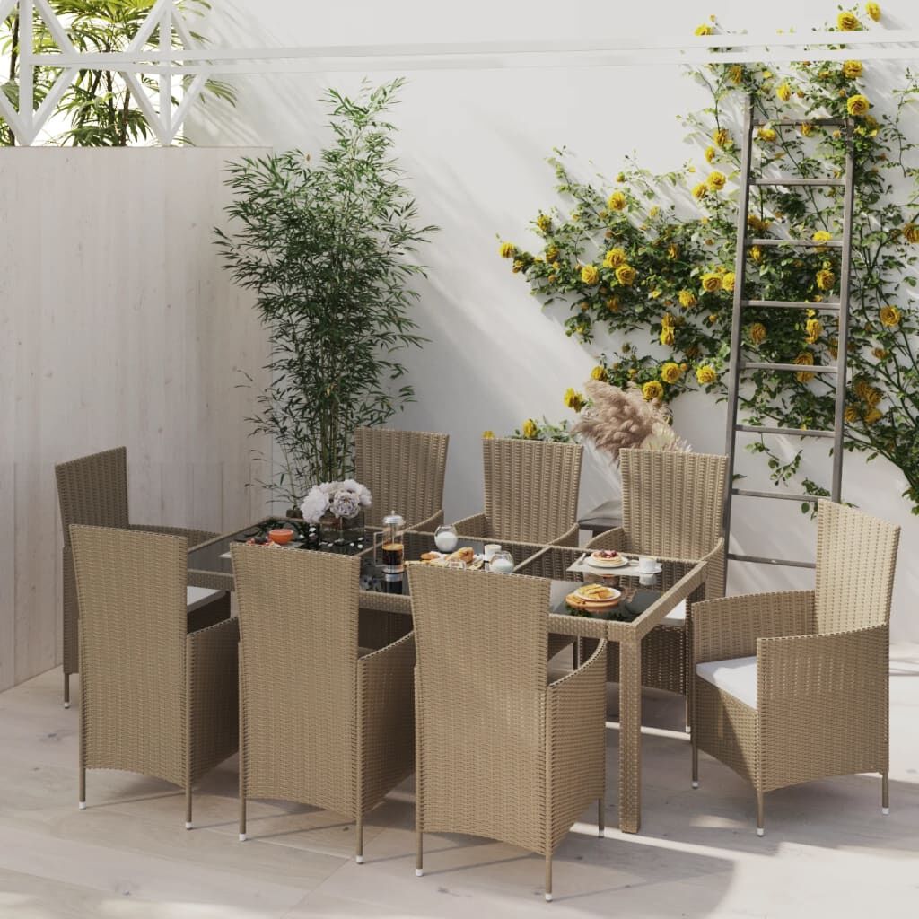 9 Piece Outdoor Dining Set with Cushions Poly Rattan Beige 9 Piece Outdoor Dining Set with Cushions Poly Rattan Beige