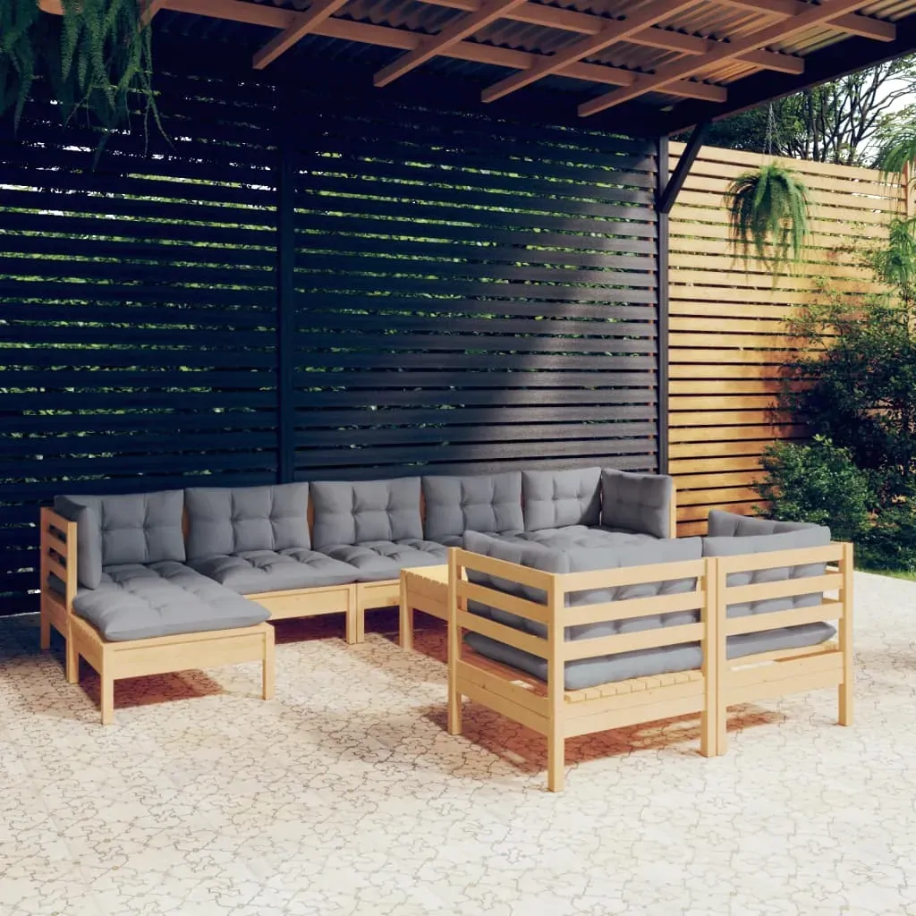10 Piece Garden Lounge Set with Grey Cushions Solid Pinewood 10 Piece Garden Lounge Set with Grey Cushions Solid Pinewood