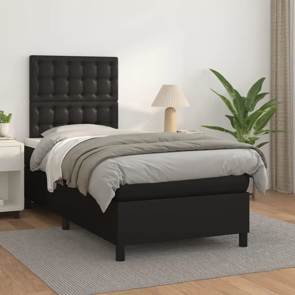 Box Spring Bed with Mattress Black 106x203 cm King Single Size Faux Leather Box Spring Bed with Mattress Black 106x203 cm King Single Size Faux Leather