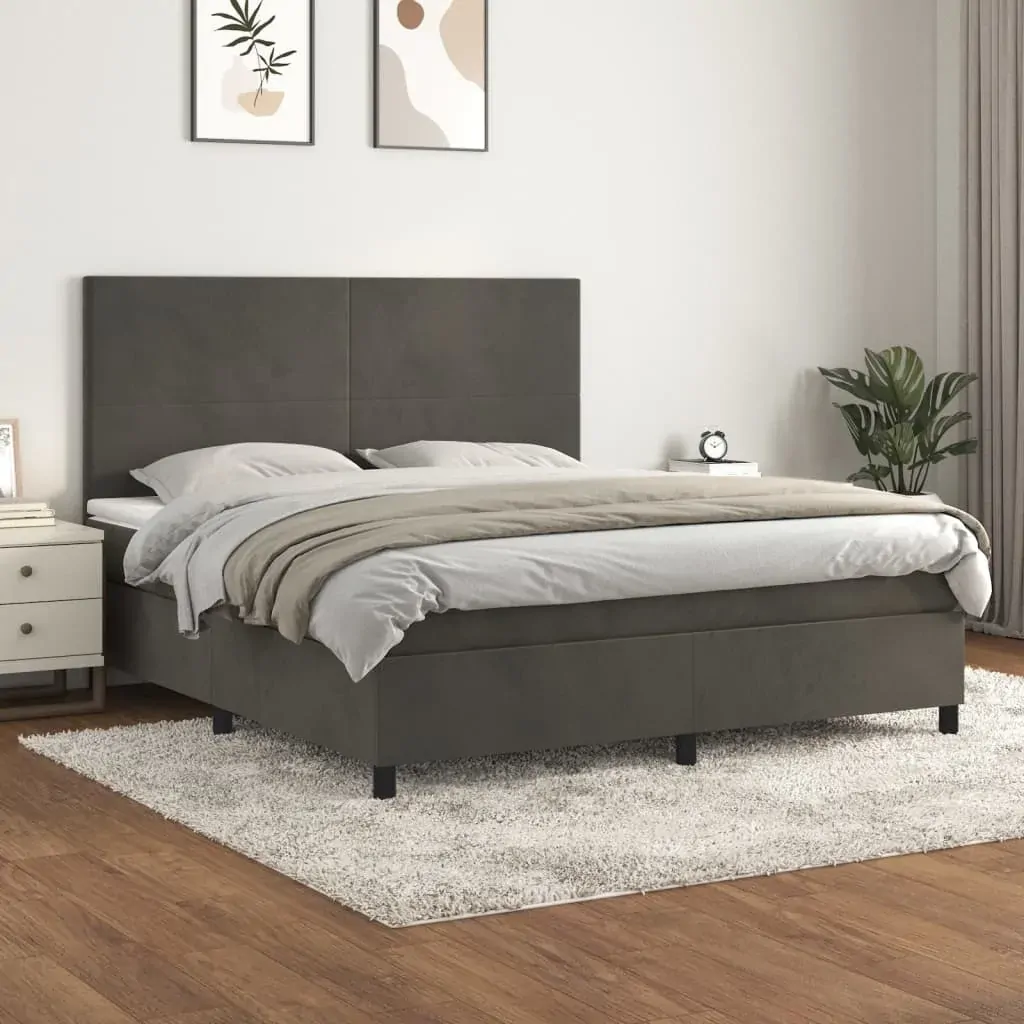 Box Spring Bed with Mattress Dark Grey 153x203 cm Queen Size Velvet Box Spring Bed with Mattress Dark Grey 153x203 cm Queen Size Velvet