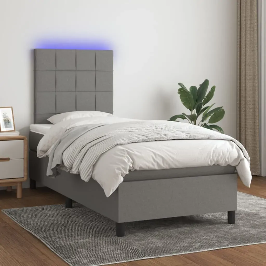 Box Spring Bed with Mattress&LED Dark Grey 106x203 cm King Single Size Fabric Box Spring Bed with Mattress&LED Dark Grey 106x203 cm King Single Size Fabric