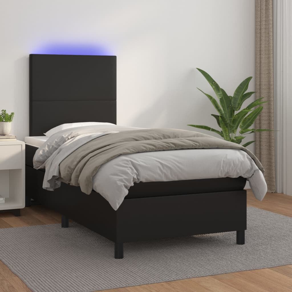 Box Spring Bed with Mattress&LED Black 106x203 cm King Single Size Faux Leather Box Spring Bed with Mattress&LED Black 106x203 cm King Single Size Faux Leather