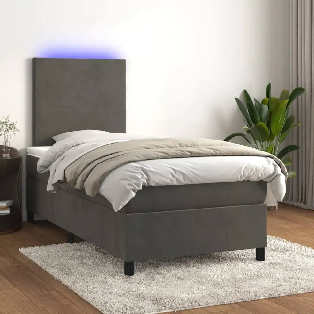 Box Spring Bed with Mattress&LED Dark Grey 106x203 cm King Single Size Velvet Box Spring Bed with Mattress&LED Dark Grey 106x203 cm King Single Size Velvet