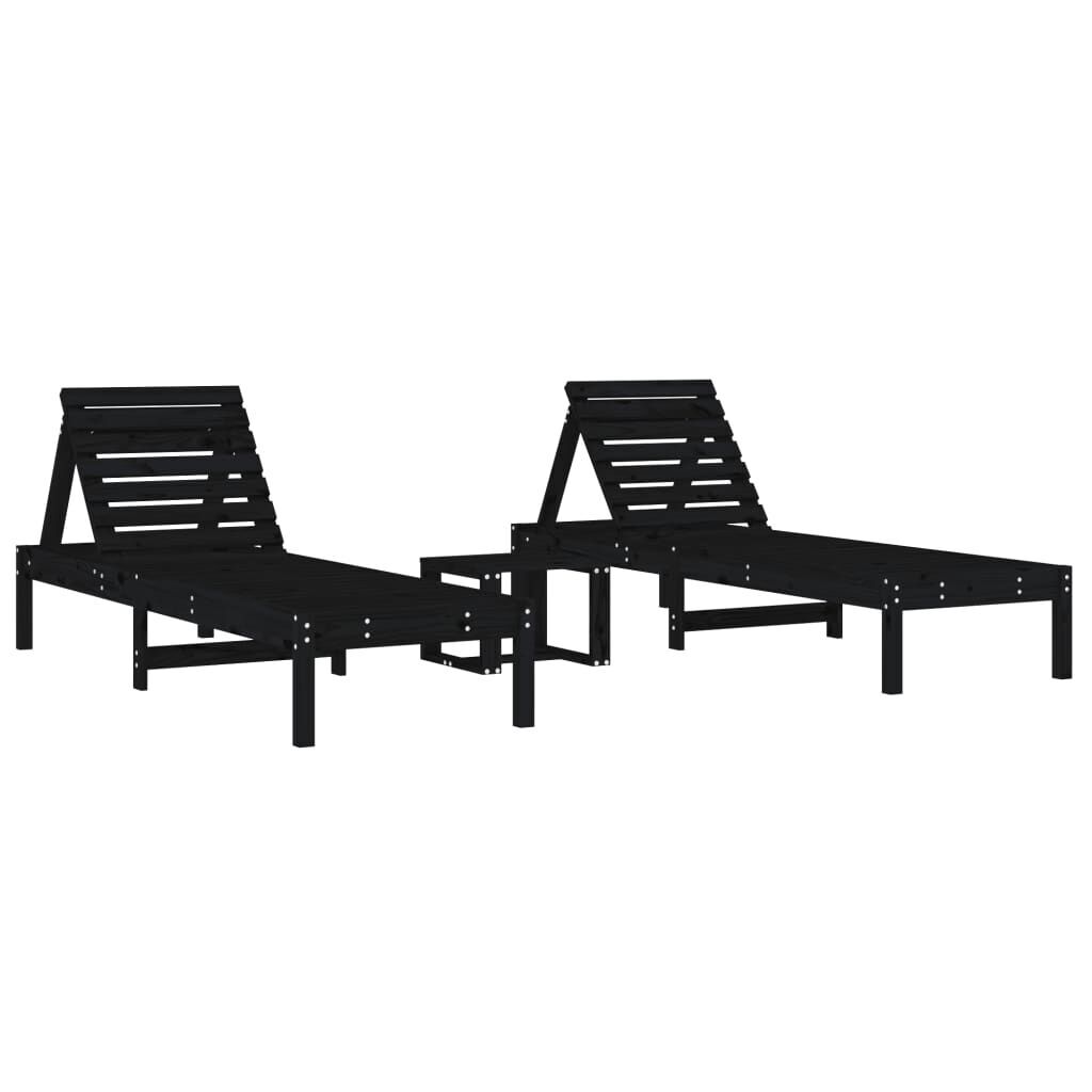 Sun Loungers 2 pcs with Table Black Solid Wood Pine Sun Loungers 2 pcs with Table Black Solid Wood Pine