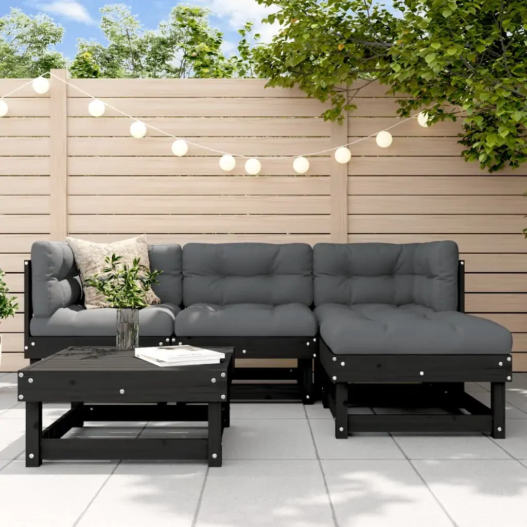 5 Piece Garden Lounge Set with Cushions Black Solid Wood 5 Piece Garden Lounge Set with Cushions Black Solid Wood