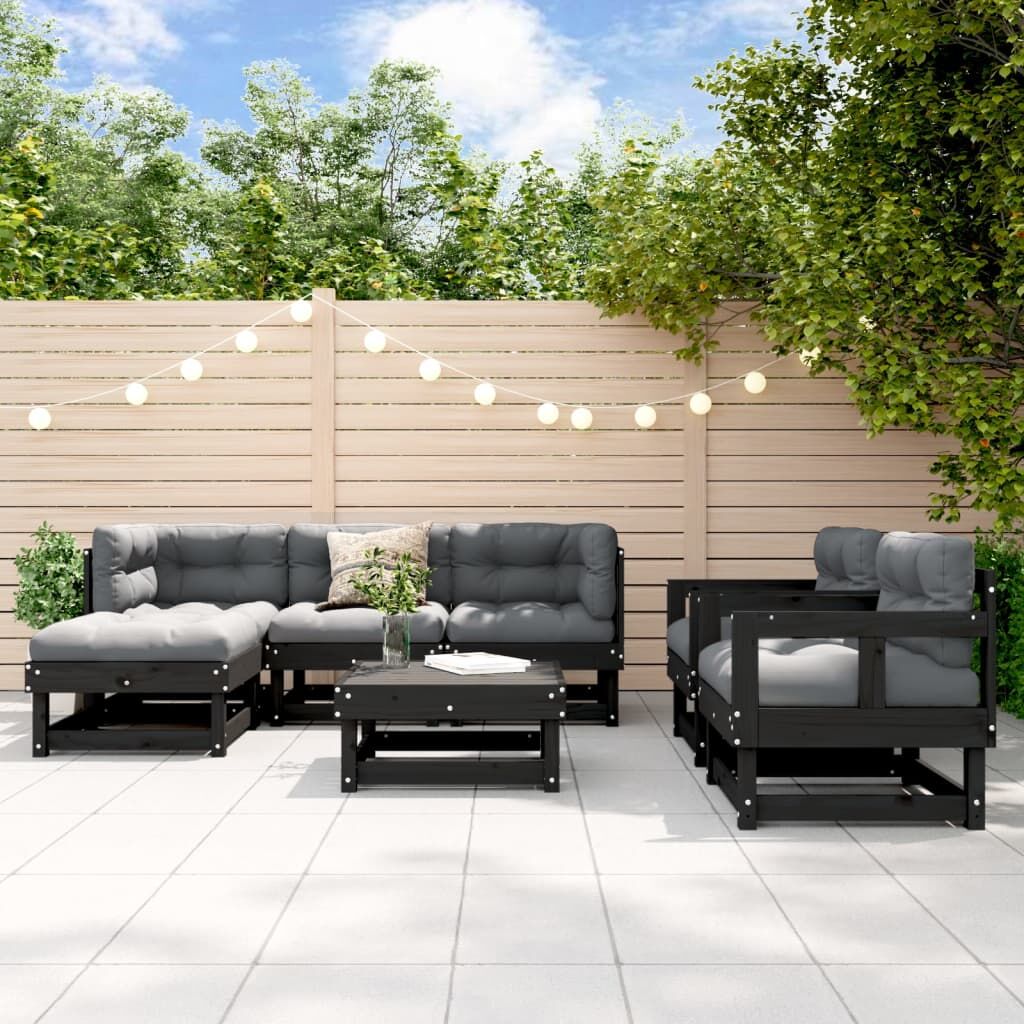 7 Piece Garden Lounge Set with Cushions Black Solid Wood 7 Piece Garden Lounge Set with Cushions Black Solid Wood