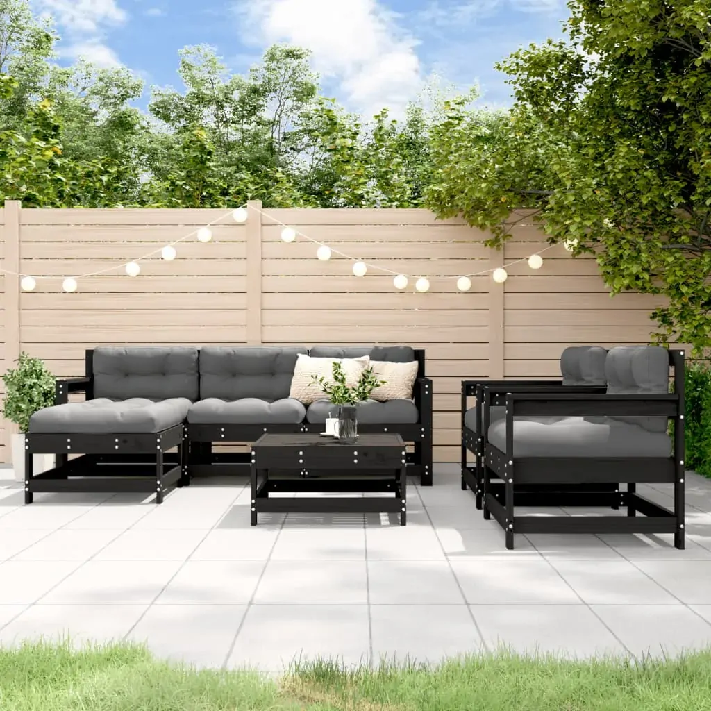 7 Piece Garden Lounge Set with Cushions Black Solid Wood 7 Piece Garden Lounge Set with Cushions Black Solid Wood