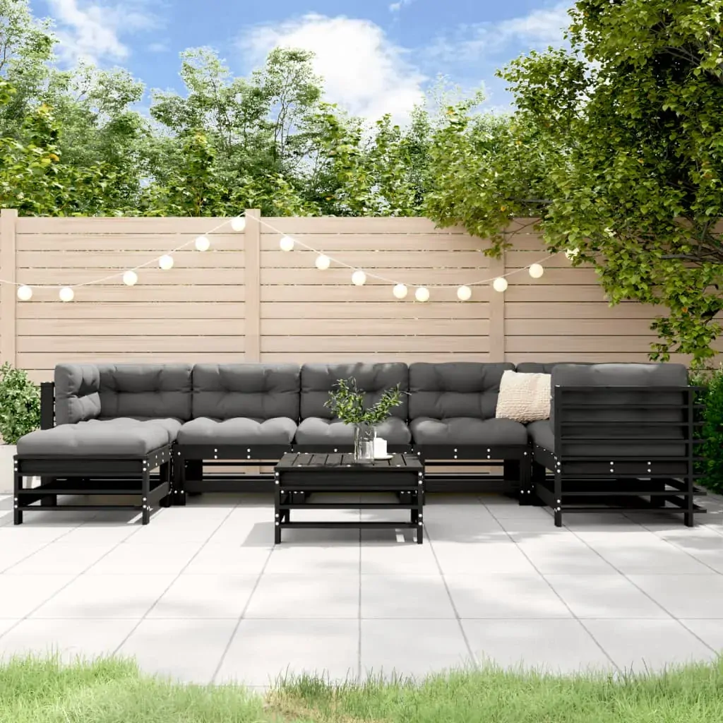 8 Piece Garden Lounge Set with Cushions Black Solid Wood 8 Piece Garden Lounge Set with Cushions Black Solid Wood