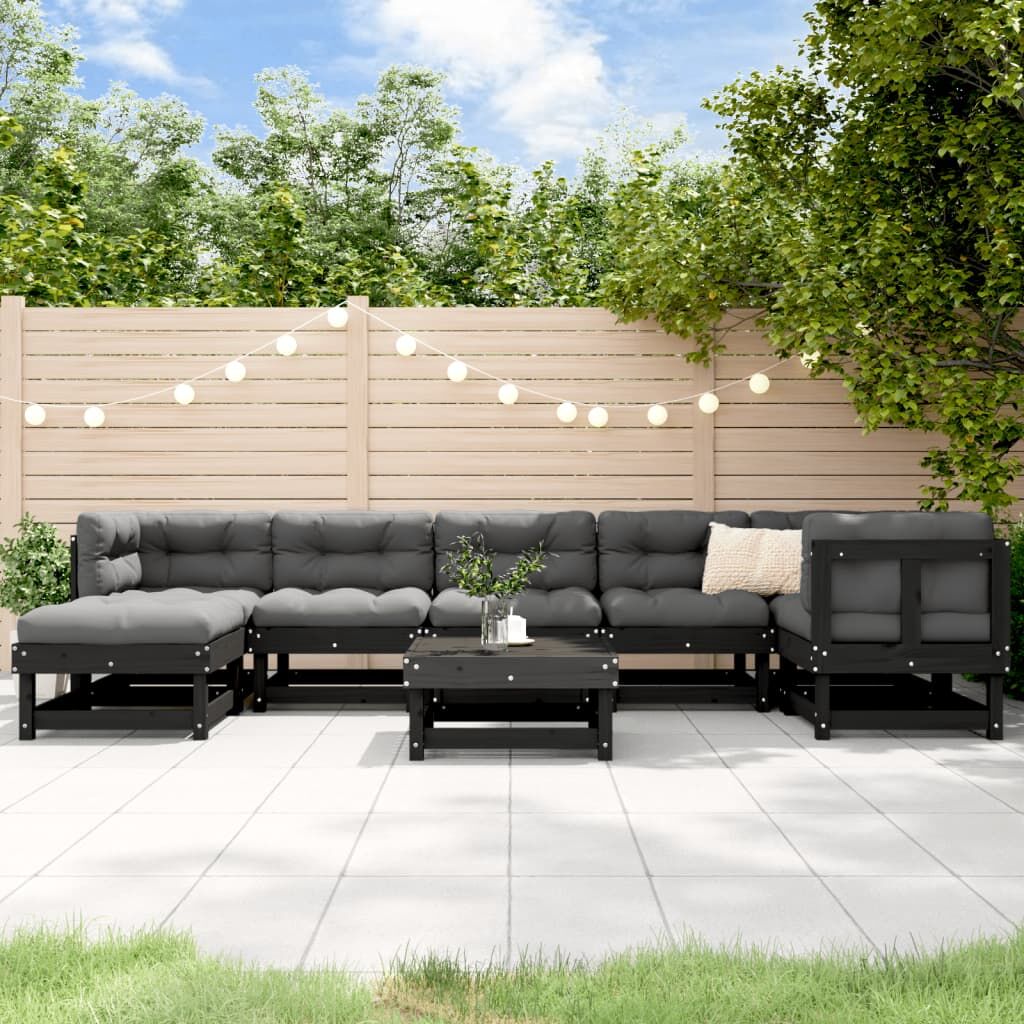8 Piece Garden Lounge Set with Cushions Black Solid Wood 8 Piece Garden Lounge Set with Cushions Black Solid Wood