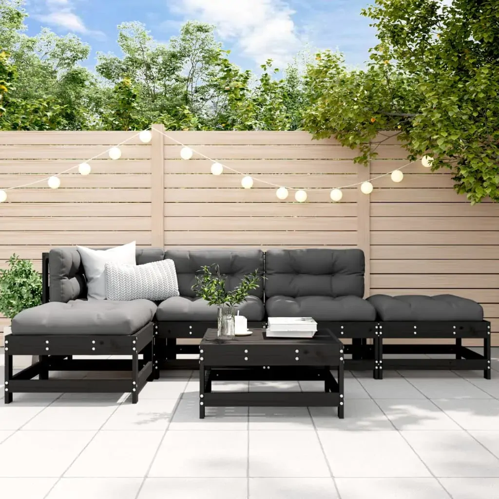 6 Piece Garden Lounge Set with Cushions Black Solid Wood 6 Piece Garden Lounge Set with Cushions Black Solid Wood