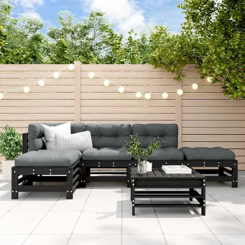 6 Piece Garden Lounge Set with Cushions Black Solid Wood 6 Piece Garden Lounge Set with Cushions Black Solid Wood