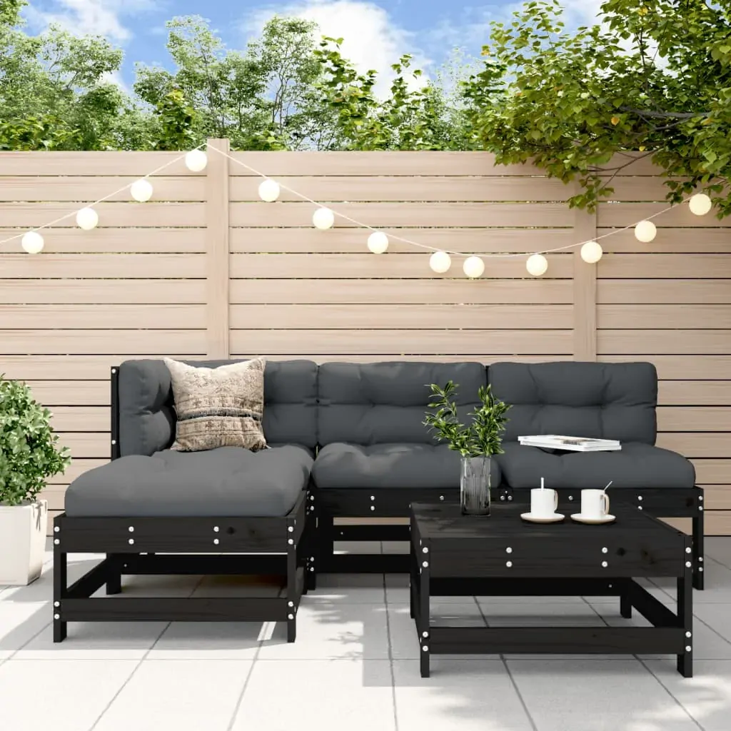5 Piece Garden Lounge Set with Cushions Black Solid Wood 5 Piece Garden Lounge Set with Cushions Black Solid Wood
