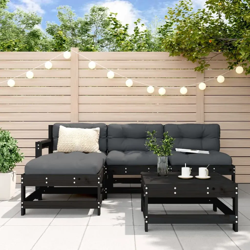 5 Piece Garden Lounge Set with Cushions Black Solid Wood 5 Piece Garden Lounge Set with Cushions Black Solid Wood
