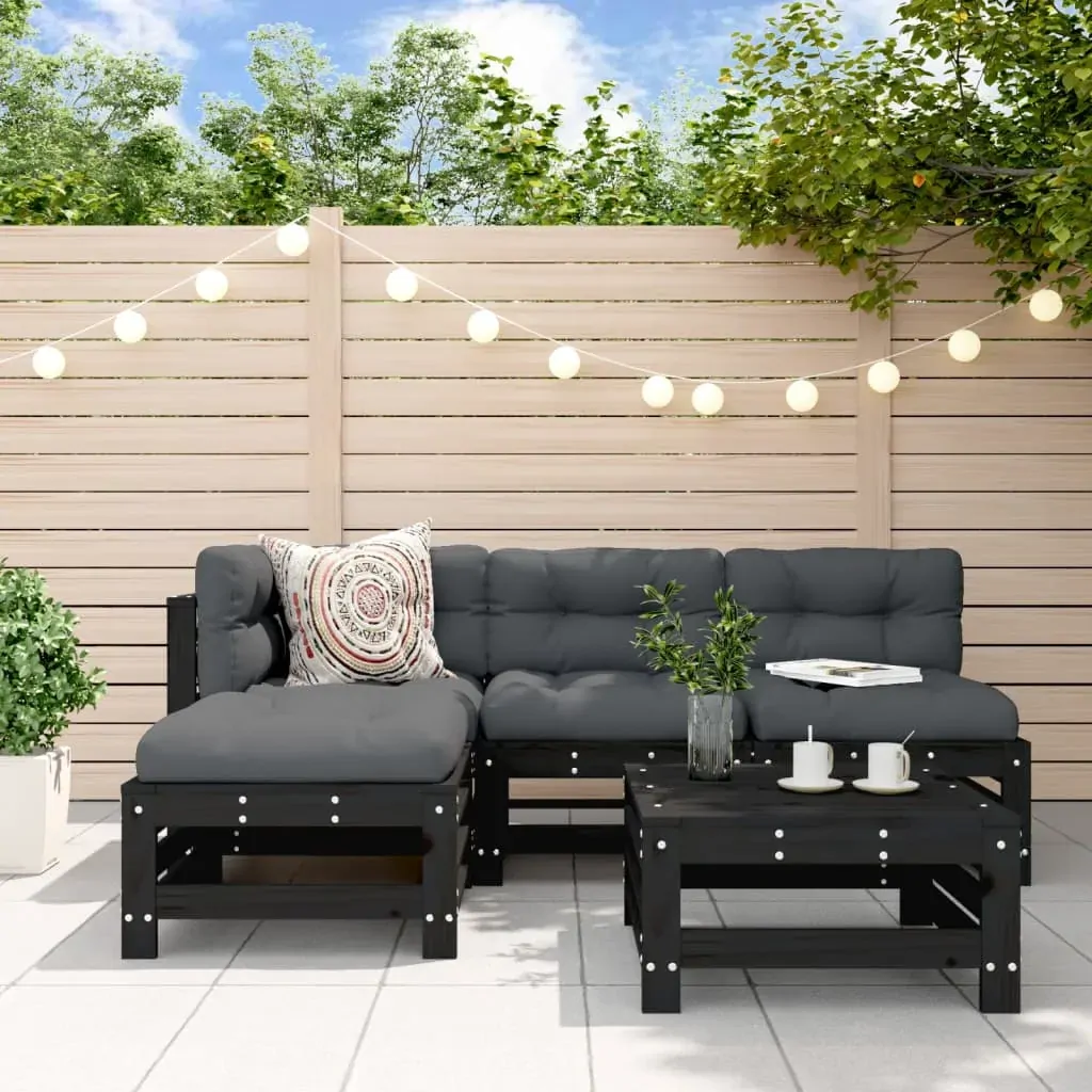 5 Piece Garden Lounge Set with Cushions Black Solid Wood 5 Piece Garden Lounge Set with Cushions Black Solid Wood