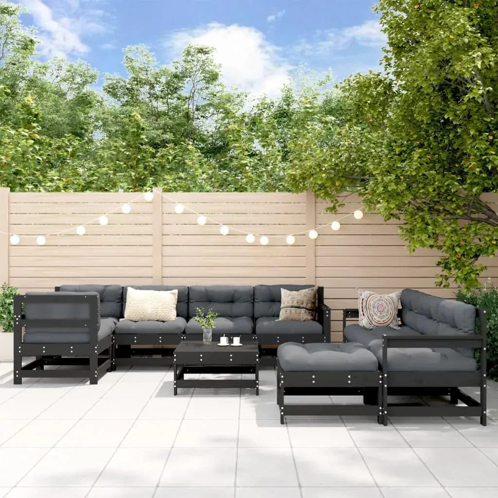10 Piece Garden Lounge Set with Cushions Black Solid Wood 10 Piece Garden Lounge Set with Cushions Black Solid Wood