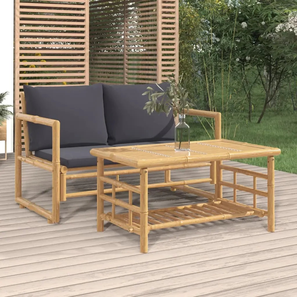 2 Piece Garden Lounge Set with Dark Grey Cushions Bamboo 2 Piece Garden Lounge Set with Dark Grey Cushions Bamboo