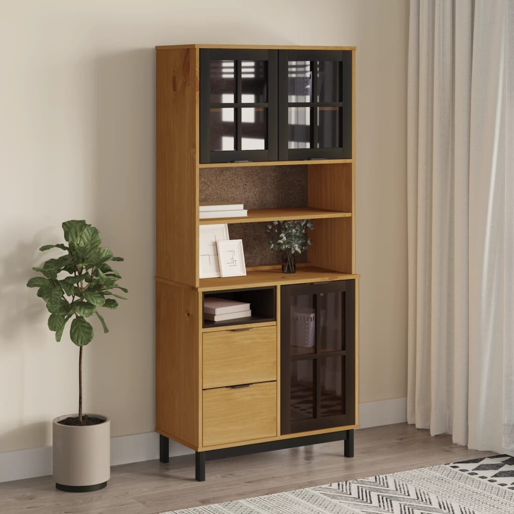 Highboard with Glass Doors FLAM 80x40x180 cm Solid Wood Pine Highboard with Glass Doors FLAM 80x40x180 cm Solid Wood Pine
