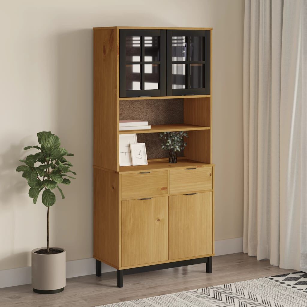 Highboard with Glass Doors FLAM 80x40x180 cm Solid Wood Pine Highboard with Glass Doors FLAM 80x40x180 cm Solid Wood Pine