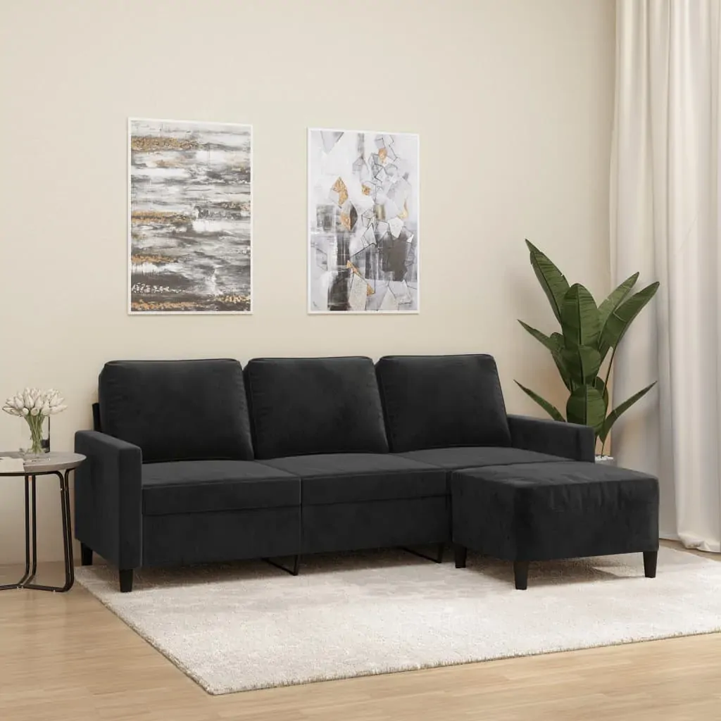 3-Seater Sofa with Footstool Black 180 cm Velvet 3-Seater Sofa with Footstool Black 180 cm Velvet