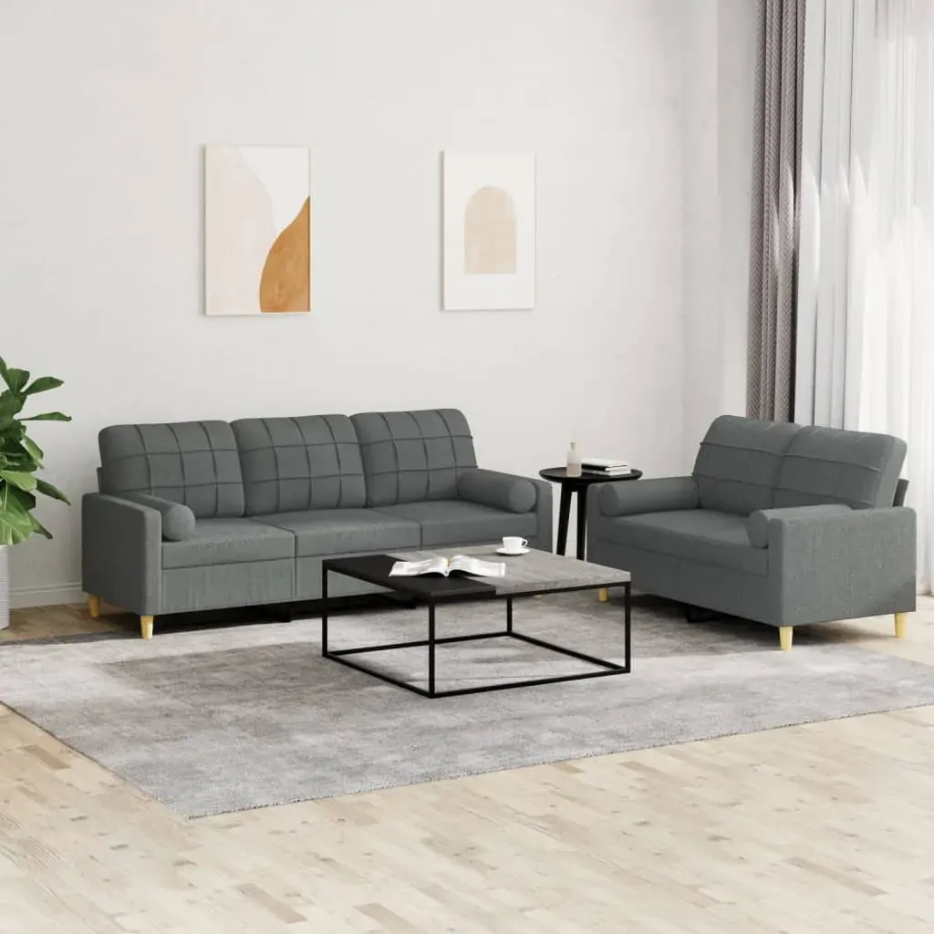 2 Piece Sofa Set with Pillows Dark Grey Fabric 2 Piece Sofa Set with Pillows Dark Grey Fabric