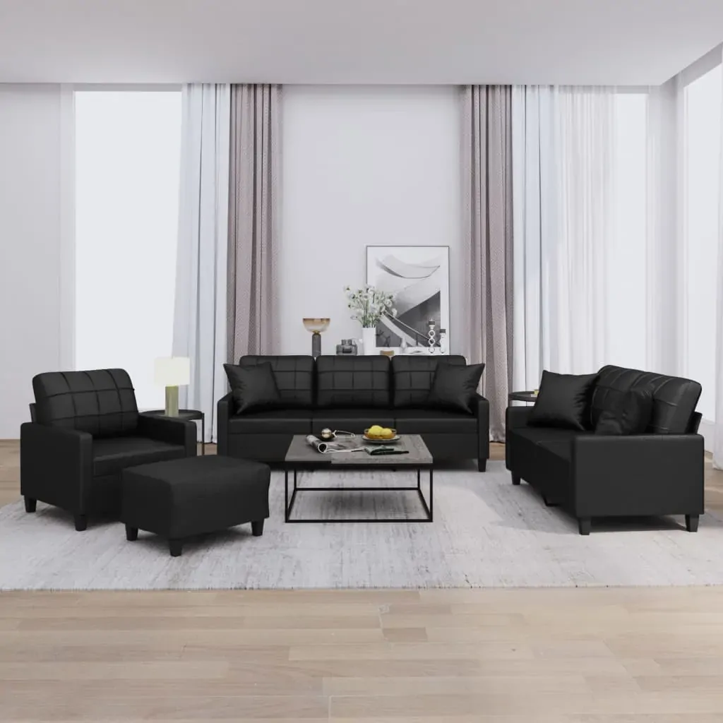 4 Piece Sofa Set with Pillows Black Faux Leather 4 Piece Sofa Set with Pillows Black Faux Leather