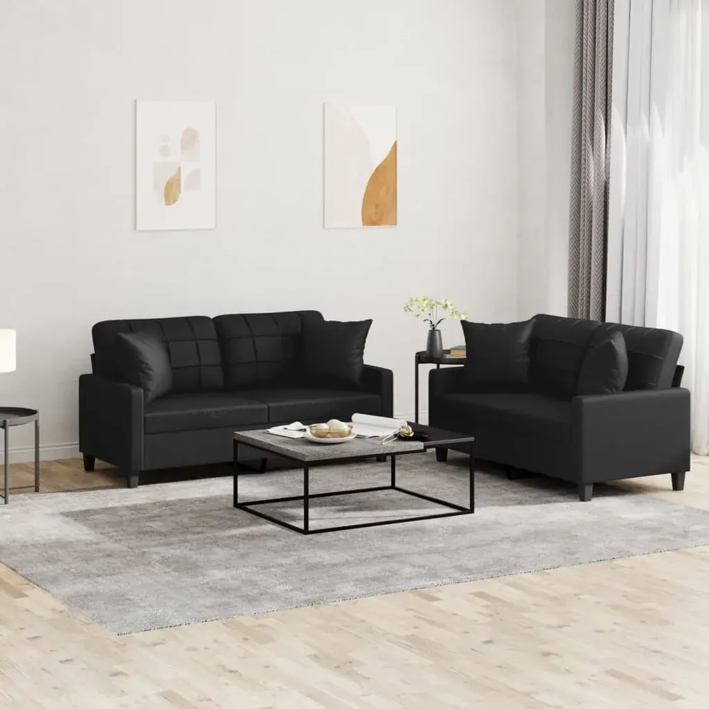 2 Piece Sofa Set with Pillows Black Faux Leather 2 Piece Sofa Set with Pillows Black Faux Leather