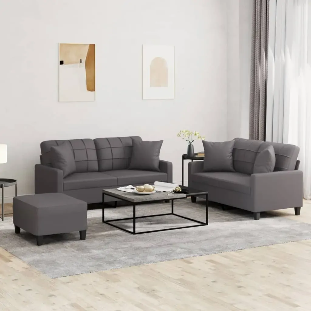 3 Piece Sofa Set with Pillows Grey Faux Leather 3 Piece Sofa Set with Pillows Grey Faux Leather