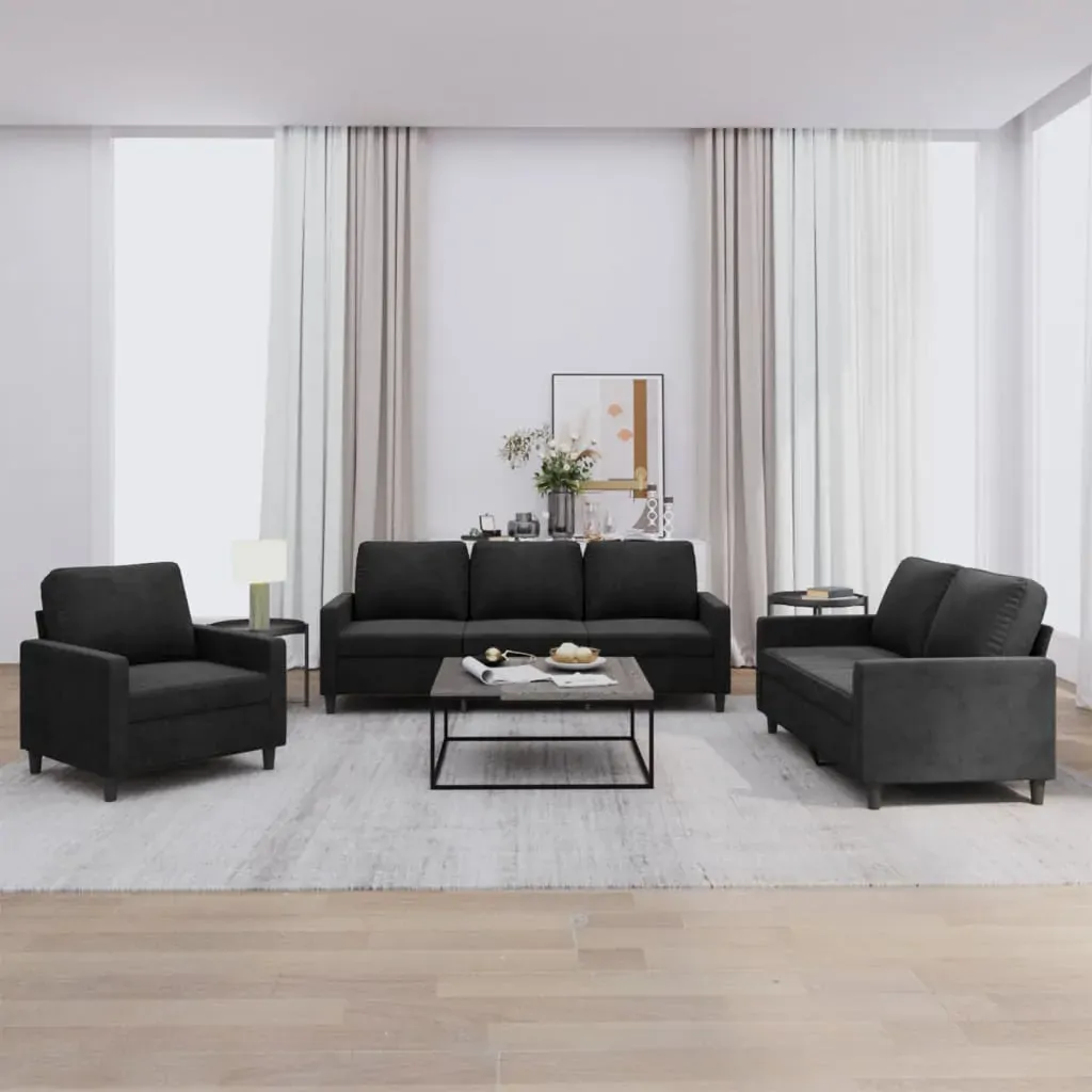 3 Piece Sofa Set with Cushions Black Velvet 3 Piece Sofa Set with Cushions Black Velvet