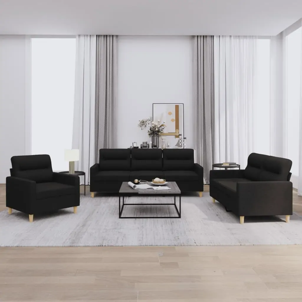 3 Piece Sofa Set with Cushions Black Fabric 3 Piece Sofa Set with Cushions Black Fabric