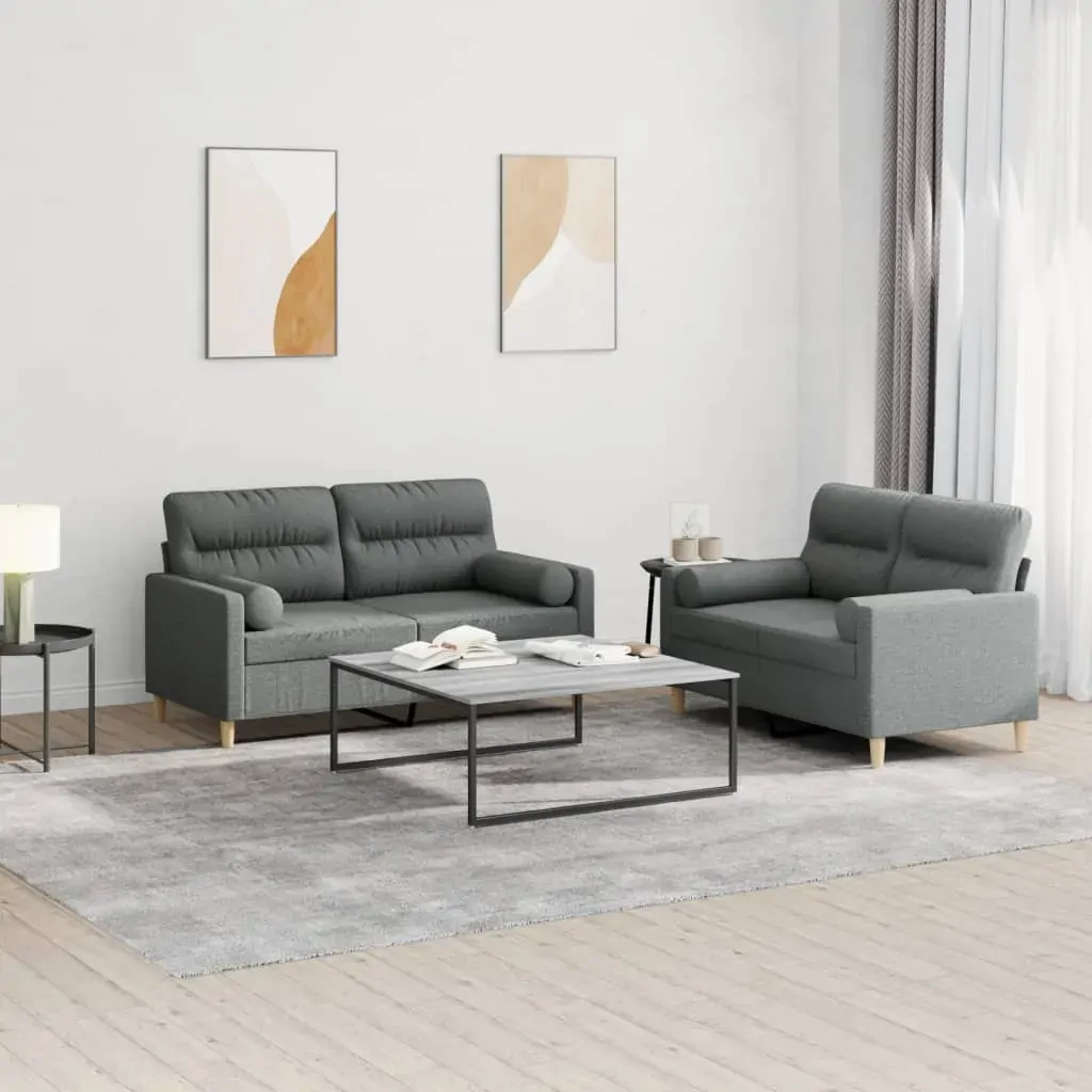 2 Piece Sofa Set with Pillows Dark Grey Fabric 2 Piece Sofa Set with Pillows Dark Grey Fabric