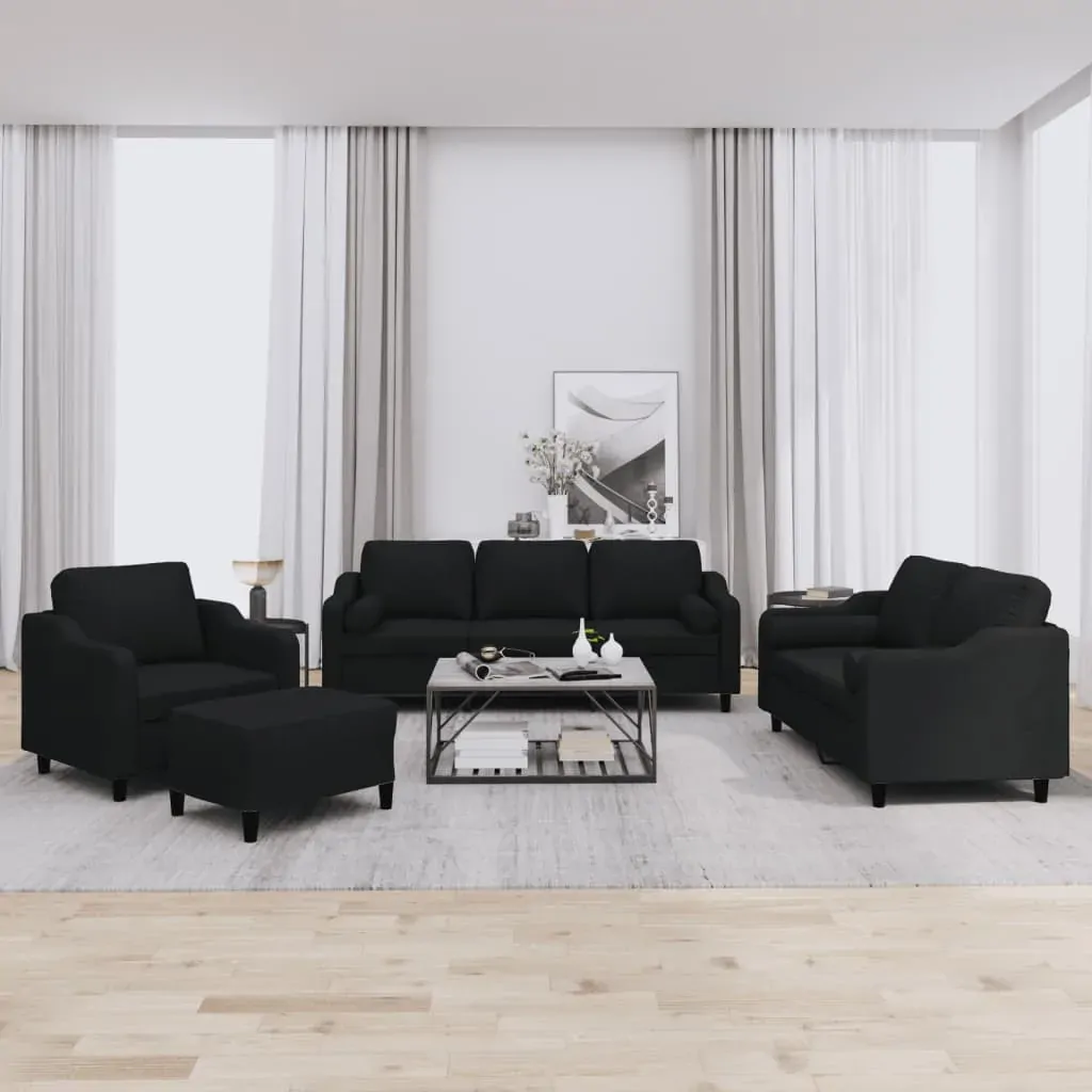 4 Piece Sofa Set with Pillows Black Fabric 4 Piece Sofa Set with Pillows Black Fabric