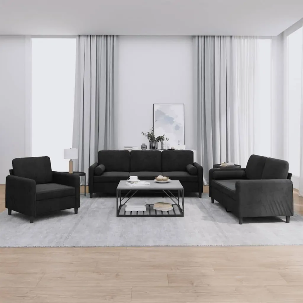 3 Piece Sofa Set with Pillows Black Velvet 3 Piece Sofa Set with Pillows Black Velvet