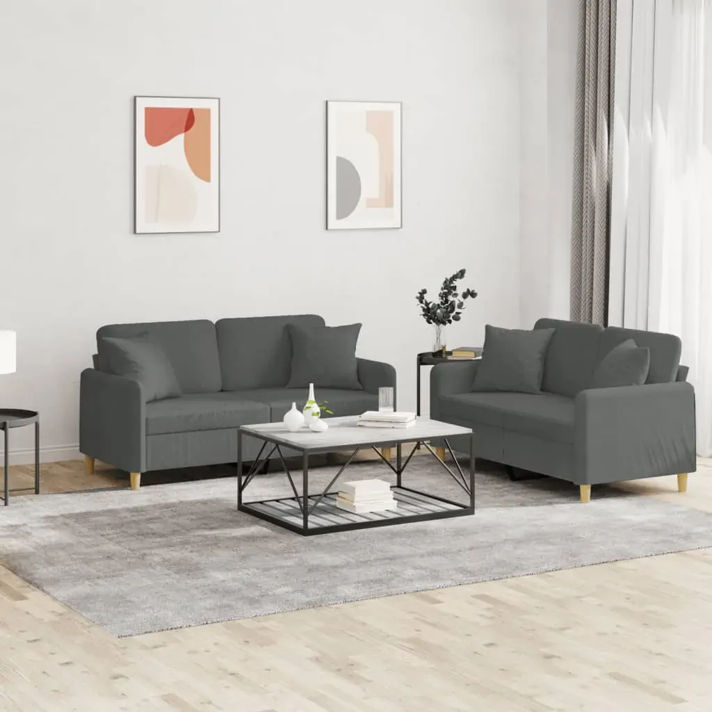 2 Piece Sofa Set with Pillows Dark Grey Fabric 2 Piece Sofa Set with Pillows Dark Grey Fabric