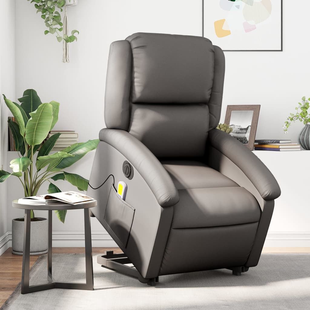 Electric Stand up Massage Recliner Chair Grey Real Leather Electric Stand up Massage Recliner Chair Grey Real Leather