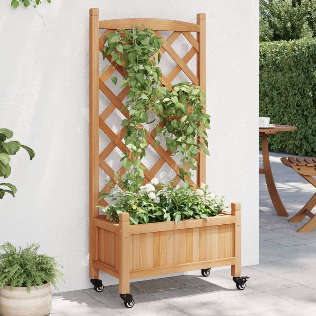 Planter with Trellis and Wheels Brown Solid Wood Fir Planter with Trellis and Wheels Brown Solid Wood Fir
