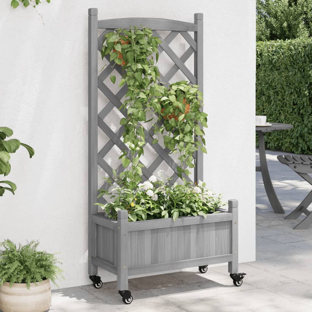 Planter with Trellis and Wheels Grey Solid Wood Fir Planter with Trellis and Wheels Grey Solid Wood Fir