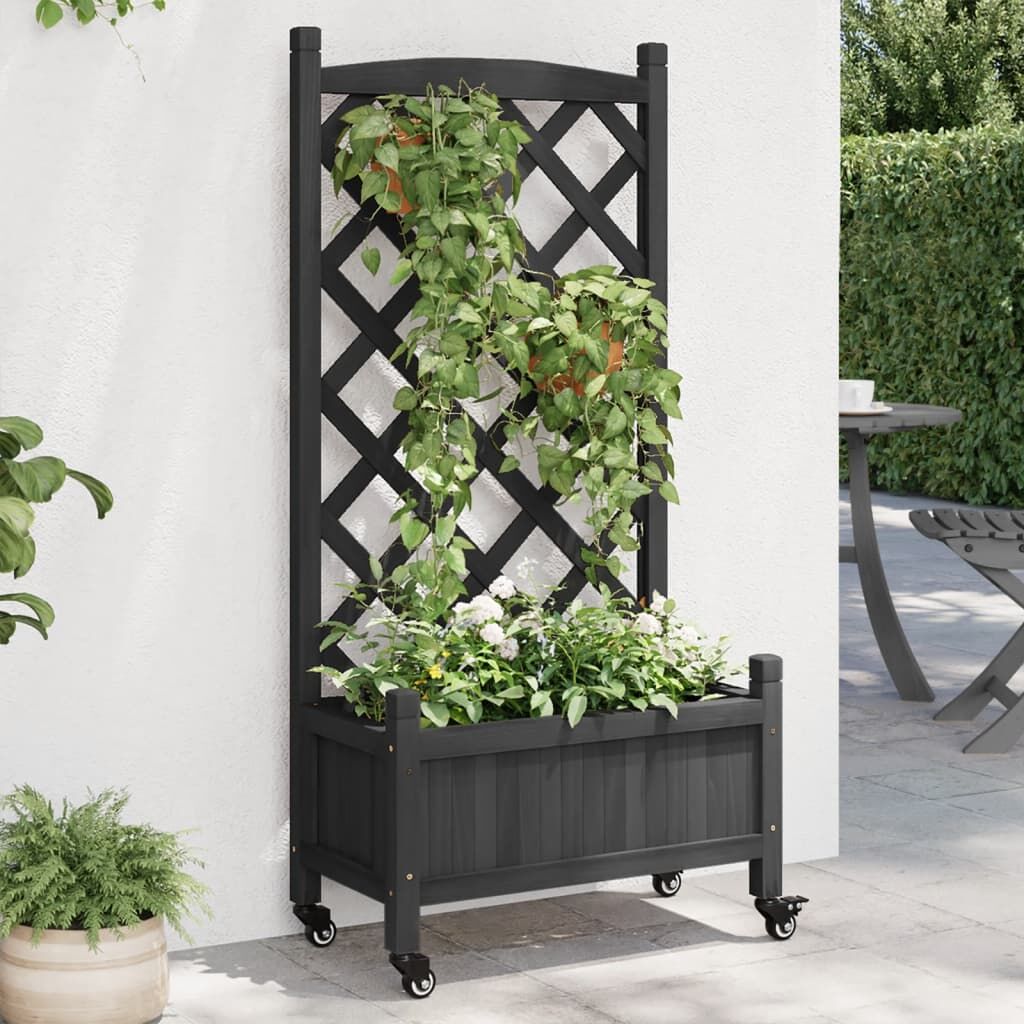 Planter with Trellis and Wheels Black Solid Wood Fir Planter with Trellis and Wheels Black Solid Wood Fir