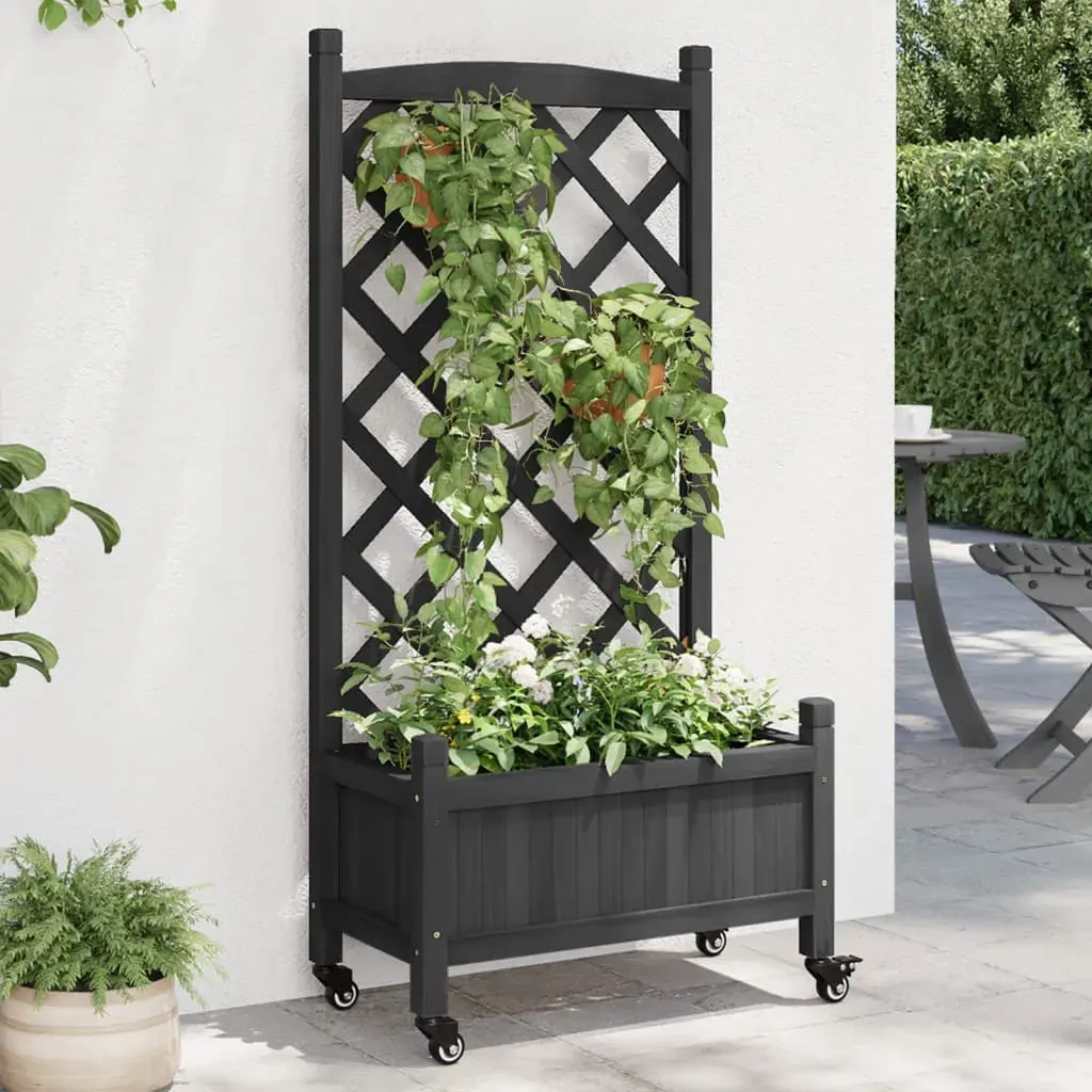 Planter with Trellis and Wheels Black Solid Wood Fir Planter with Trellis and Wheels Black Solid Wood Fir