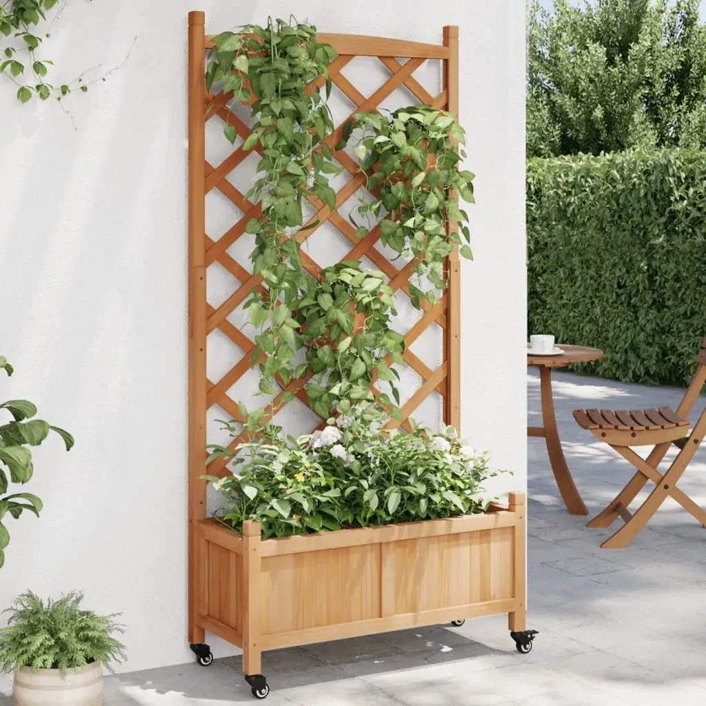 Planter with Trellis and Wheels Brown Solid Wood Fir Planter with Trellis and Wheels Brown Solid Wood Fir