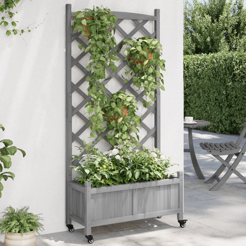 Planter with Trellis and Wheels Grey Solid Wood Fir Planter with Trellis and Wheels Grey Solid Wood Fir