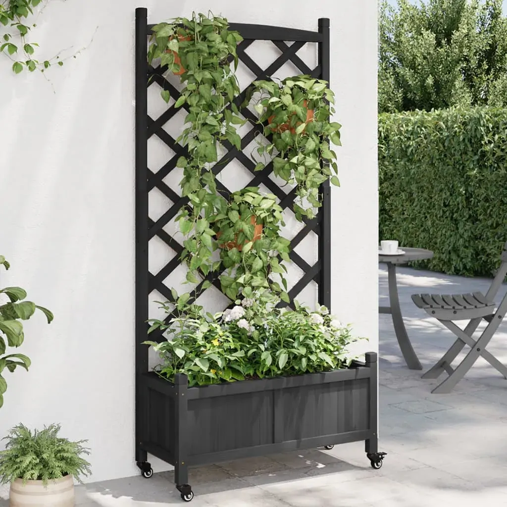 Planter with Trellis and Wheels Black Solid Wood Fir Planter with Trellis and Wheels Black Solid Wood Fir