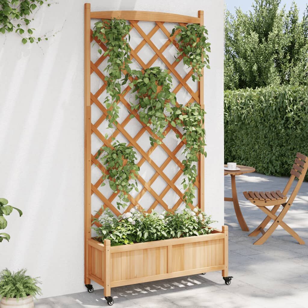 Planter with Trellis and Wheels Brown Solid Wood Fir Planter with Trellis and Wheels Brown Solid Wood Fir