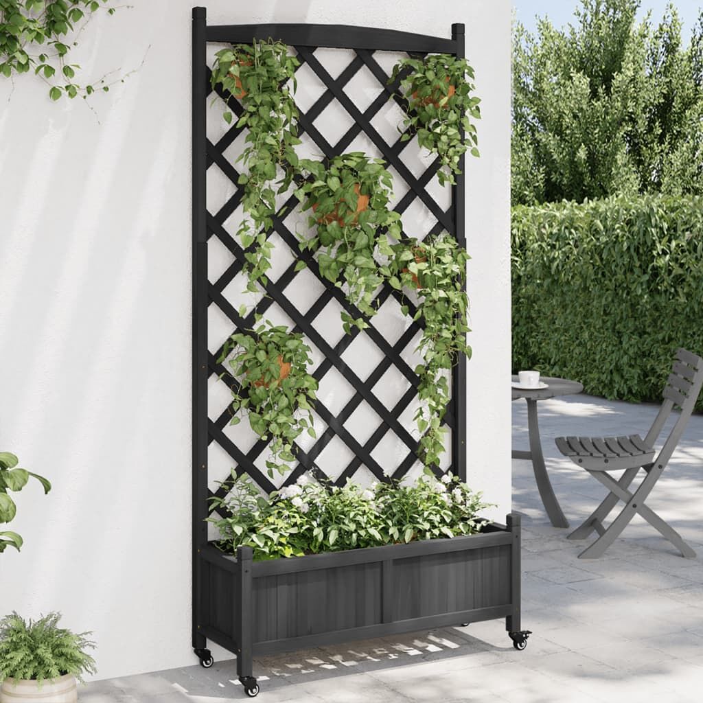 Planter with Trellis and Wheels Black Solid Wood Fir Planter with Trellis and Wheels Black Solid Wood Fir