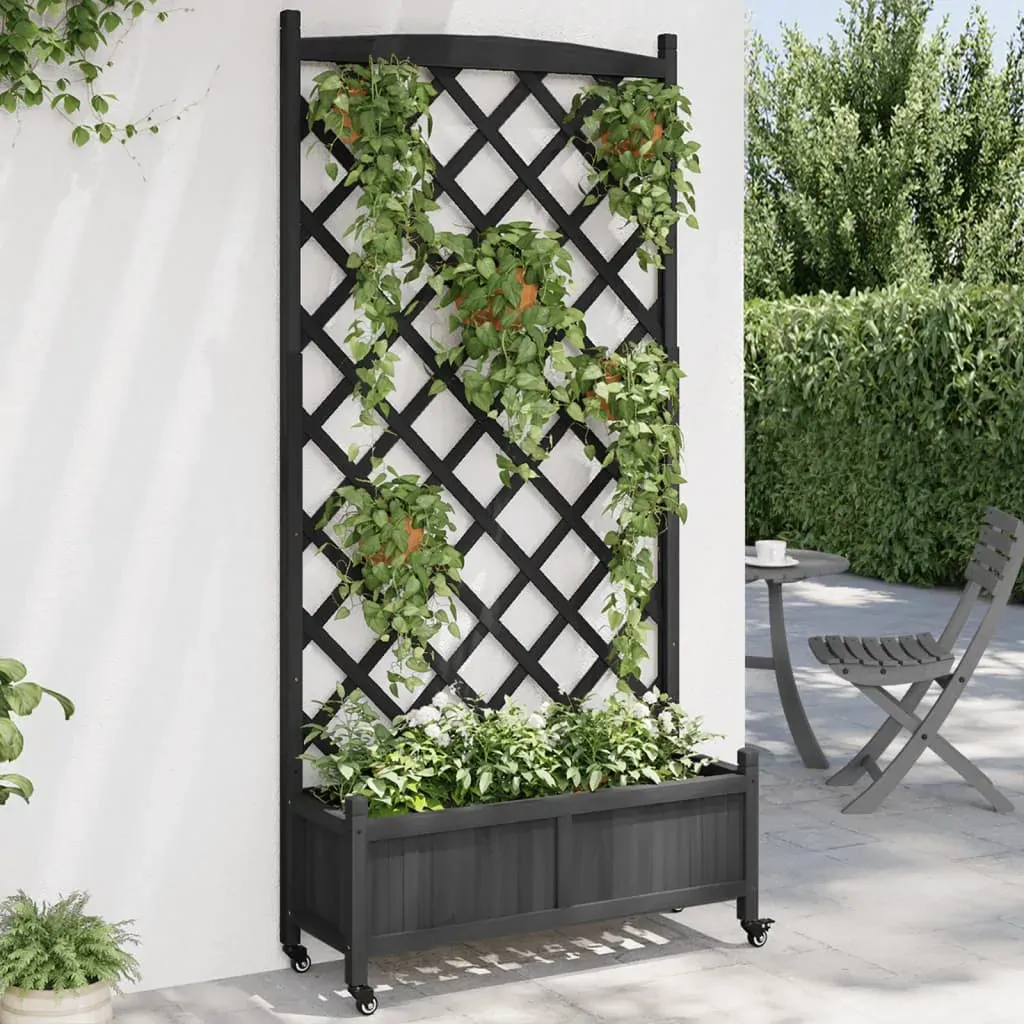 Planter with Trellis and Wheels Black Solid Wood Fir Planter with Trellis and Wheels Black Solid Wood Fir