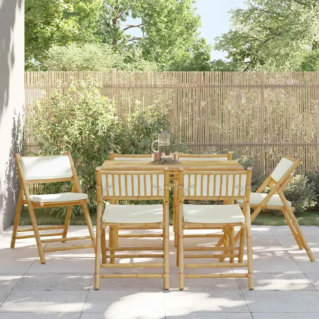 6 Piece Folding Bistro Chairs with Cream White Cushions Bamboo 6 Piece Folding Bistro Chairs with Cream White Cushions Bamboo