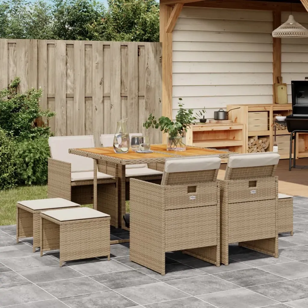 9 Piece Garden Dining Set with Cushions Beige Poly Rattan 9 Piece Garden Dining Set with Cushions Beige Poly Rattan