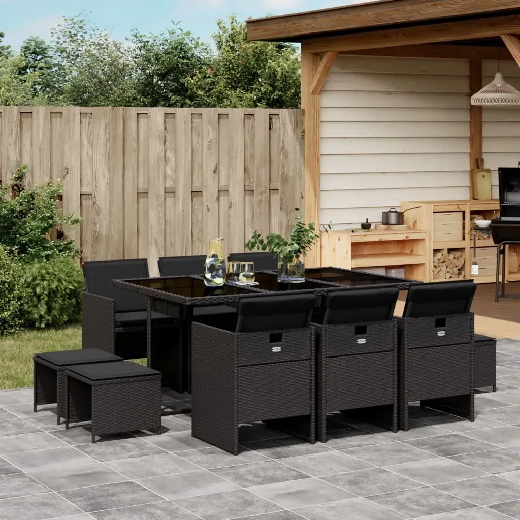 11 Piece Garden Dining Set with Cushions Black Poly Rattan 11 Piece Garden Dining Set with Cushions Black Poly Rattan